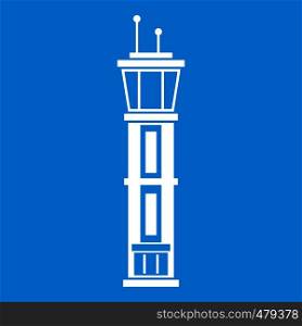 Airport control tower icon white isolated on blue background vector illustration. Airport control tower icon white