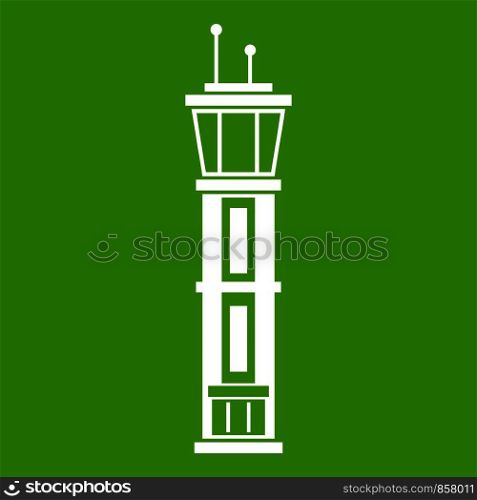 Airport control tower icon white isolated on green background. Vector illustration. Airport control tower icon green