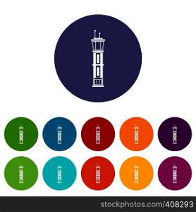 Airport control tower set icons in different colors isolated on white background. Airport control tower set icons