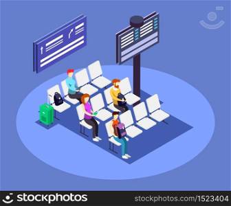 Airport departure area isometric color vector illustration. Airline terminal, waiting hall 3d concept isolated on blue background. Travelers going on vacation, passengers seating with luggage
