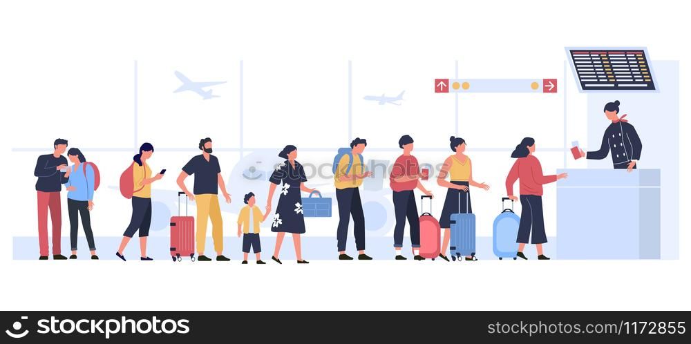 Airport departure area. Plane boarding flight register, tourists with luggage in landing queue check in. People waiting plane departure, travelers aircraft checking vector illustration. Airport departure area. Plane boarding flight register, tourists with luggage in landing queue check in vector illustration