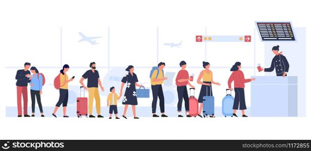 Airport departure area. Plane boarding flight register, tourists with luggage in landing queue check in. People waiting plane departure, travelers aircraft checking vector illustration. Airport departure area. Plane boarding flight register, tourists with luggage in landing queue check in vector illustration