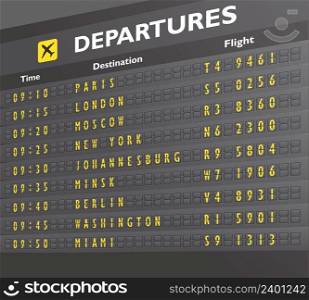 Airport departure arrival destination mechanical analog old style counter board print vector illustration
