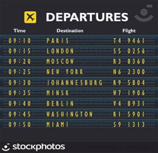 Airport departure arrival destination mechanical analog old style counter board template vector illustration