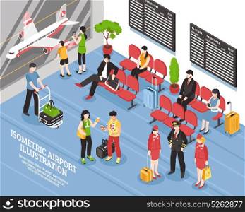 Airport Departure Lounge Isometric Poster. Airport departure waiting area lounge isometric poster with flight crew passengers and black display boards vector illustration