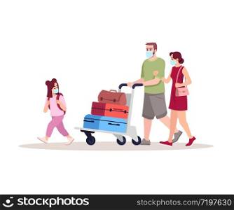 Airport departure semi flat RGB color vector illustration. Parents with daughter in medical masks. Caucasian family with baggage cart. Passengers isolated cartoon characters on white background