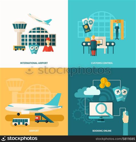 Airport design concept set with customs control and online booking flat icons isolated vector illustration. Airport Icon Flat