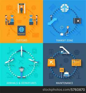 Airport design concept set with customs transit zone arrivals and departures maintenance flat icons isolated vector illustration