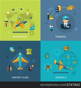 Airport design concept set with departures arrival terminal guide flat icons isolated vector illustration