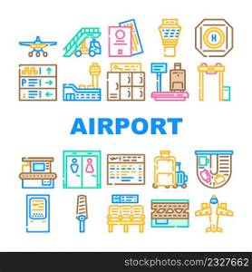 Airport Electronic Equipment Icons Set Vector. X-ray Security Technology For Scanning Traveler Baggage And Arch Metal Detector, Scales And Ladder, Terminal And Waiting Hall Color Illustrations. Airport Electronic Equipment Icons Set Vector