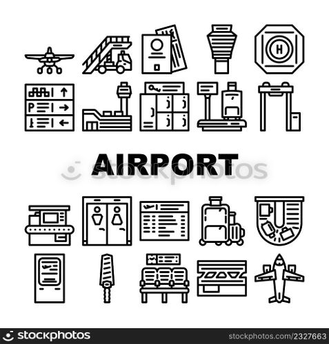 Airport Electronic Equipment Icons Set Vector. X-ray Security Technology For Scanning Traveler Baggage And Arch Metal Detector, Scales And Ladder, Terminal And Waiting Hall Black Contour Illustrations. Airport Electronic Equipment Icons Set Vector