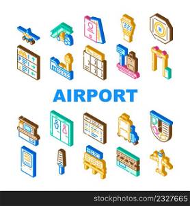 Airport Electronic Equipment Icons Set Vector. X-ray Security Technology For Scanning Traveler Baggage And Arch Metal Detector, Scales Ladder, Terminal Waiting Hall Isometric Sign Color Illustrations. Airport Electronic Equipment Icons Set Vector