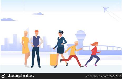 Airport employee carrying lugga≥of family coup≤withχldren. Stewardess, suitcase, boarding. Family travelling concept. Vector illustration can be used for toπcs like airli≠s, flight, service