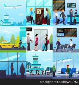 Airport Express Compositions Set. Nine transport square compositions set with flat people characters airport buildings taxi lounge and takeoff plane vector illustration