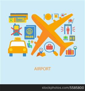 Airport flat concept set of airplane taxi passport ticket icons vector illustration