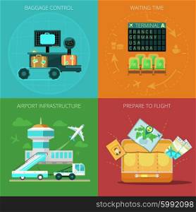 Airport flat set. Airport design concept set with baggage control and infrastructure flat icons isolated vector illustration