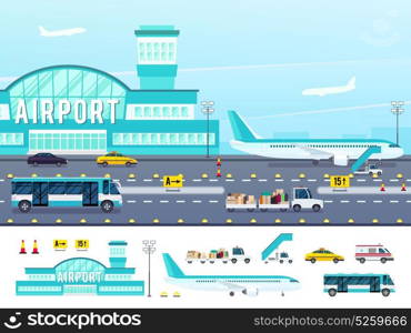 Airport Flat Style Illustration. Airport with runway lighting equipment vehicles for travelers truck with baggage ladder flat style isolated vector illustration