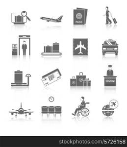 Airport flight terminal passenger security icons black set isolated vector illustration