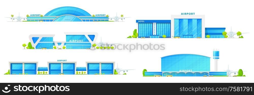 Airport glass facade terminal building icons, airplane runway and passenger terminal infrastructure. Vector isolated airport icons, public transport bus, metro and taxi cars. Modern airport, passenger terminal buildings