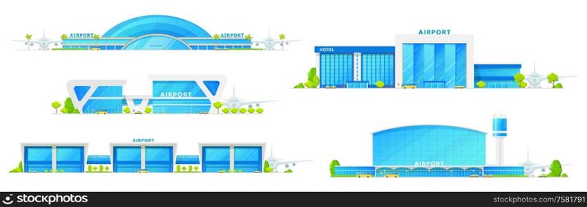 Airport glass facade terminal building icons, airplane runway and passenger terminal infrastructure. Vector isolated airport icons, public transport bus, metro and taxi cars. Modern airport, passenger terminal buildings