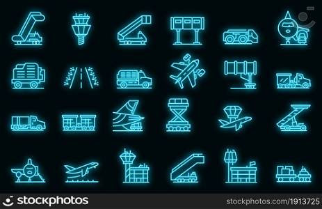 Airport ground support service icons set. Outline set of airport ground support service vector icons neon color on black. Airport ground support service icons set vector neon