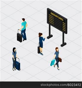 Airport Hall Passengers Isometric Banner . Airport departure board in passengers waiting room with overview of flight numbers and time isometric banner vector illustration