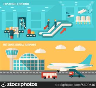 Airport horizontal banner set with customs control flat elements isolated vector illustration. Banner Airport Set
