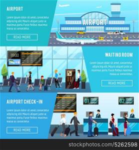 Airport Horizontal Banners Set. Airport banners set with flat airport building lounge hall check-in with text and read more button vector illustration