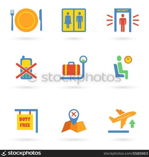 Airport icon flat set of baggage waiting lounge security check isolated vector illustration
