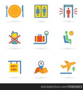 Airport icon flat set of baggage waiting lounge security check isolated vector illustration