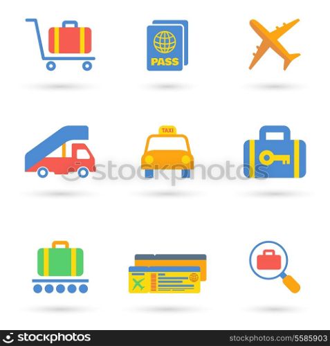 Airport icon flat set of transportation travel vehicle isolated vector illustration.