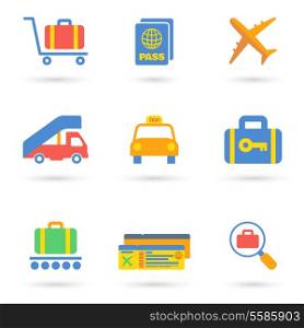 Airport icon flat set of transportation travel vehicle isolated vector illustration.