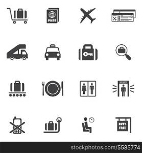 Airport icon set of airplane suitcase security check lounge isolated vector illustration