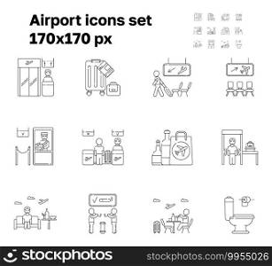 Airport icon set vector. Boarding gate, receipt of baggage are shown. Arrivals, departure areas. Customs, security control working. Reception and passenger check-in. Duty-free bag and lounge zone. Airport icon set vector. Boarding gate, receipt of baggage are shown. Arrivals, departure areas. Customs, security control working. Reception and passenger check-in.