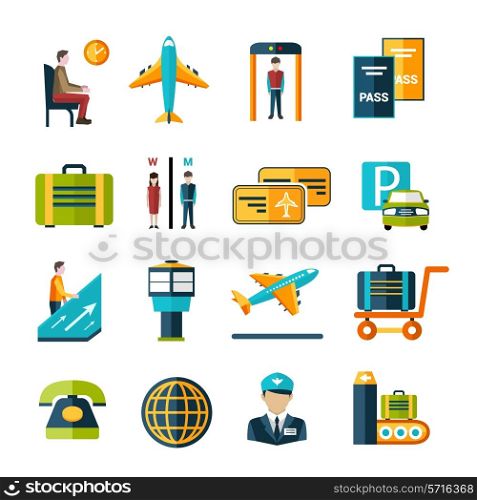 Airport icon set with waiting lounge luggage cart passport control symbols isolated vector illustration
