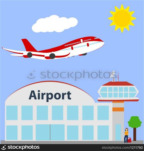Airport icon, vector illustration. Blue sky and clouds. Airport icon, vector illustration.