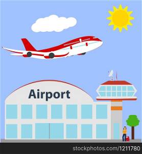 Airport icon, vector illustration. Blue sky and clouds. Airport icon, vector illustration.