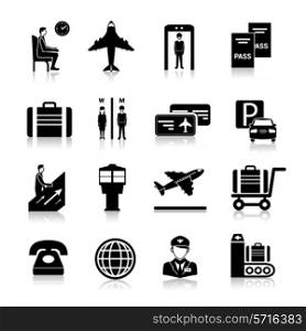 Airport icons black set with baggage check security control flying airplane isolated vector illustration
