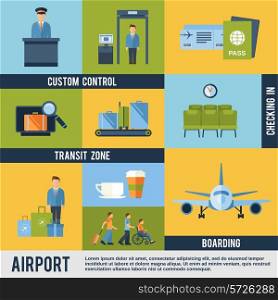 Airport icons decorative set with custom control transit zone boarding checking in isolated vector illustration