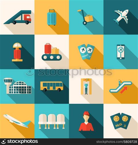 Airport icons flat long shadow set with arrival and departure symbols isolated vector illustration. Airport Icons Flat Set