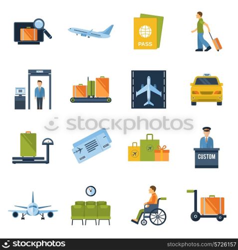 Airport icons flat set with baggage check airplane security control isolated vector illustration