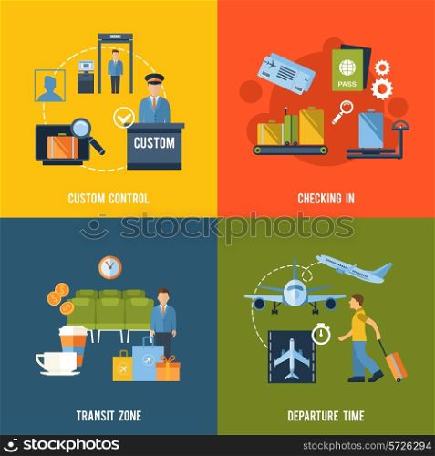 Airport icons flat set with custom control checking in transit zone departure time isolated vector illustration