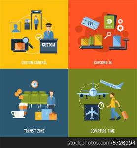 Airport icons flat set with custom control checking in transit zone departure time isolated vector illustration
