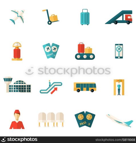 Airport icons flat set with passenger lounge security check and airplane isolated vector illustration. Airport Icons Flat