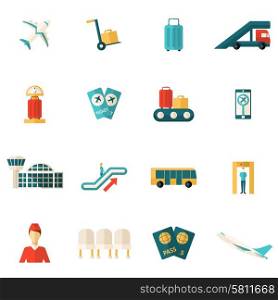Airport icons flat set with passenger lounge security check and airplane isolated vector illustration. Airport Icons Flat
