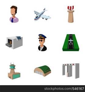 Airport icons set. Cartoon illustration of 9 airport vector icons for web. Airport icons set, cartoon style