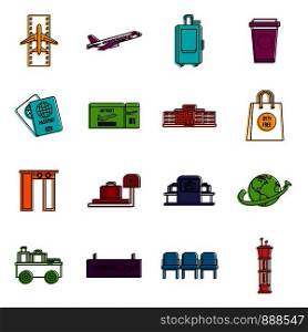 Airport icons set. Doodle illustration of vector icons isolated on white background for any web design. Airport icons doodle set