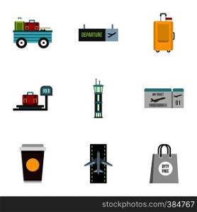 Airport icons set. Flat illustration of 9 airport vector icons for web. Airport icons set, flat style