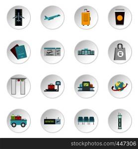 Airport icons set in flat style. Air travel elements vector icons set illustration. Airport icons set in flat style