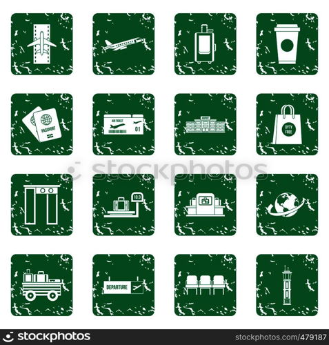 Airport icons set in grunge style green isolated vector illustration. Airport icons set grunge